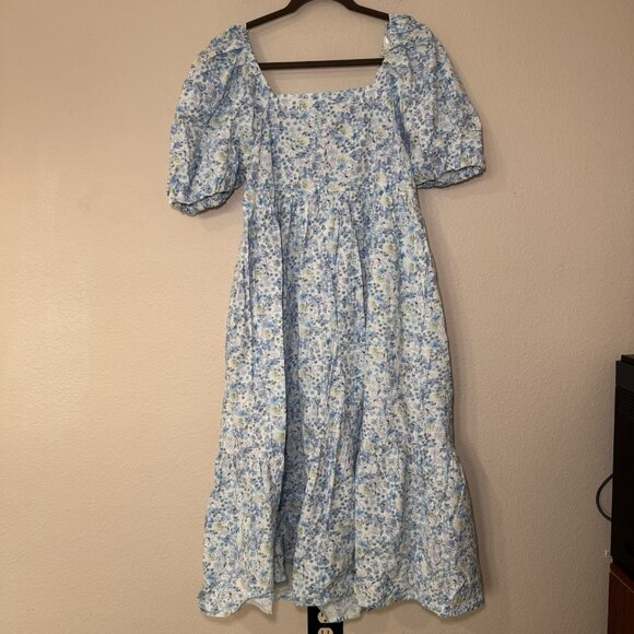 Floral Midi Dress Puff Sleeve Size 8 White Blue Green Primark NWT - Picture 7 of 7